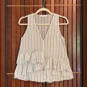 ZARA BASIC Z1975 DEMIN NAVY BLUE AND WHITE STRIPED RUFFLED LAYERED TOP